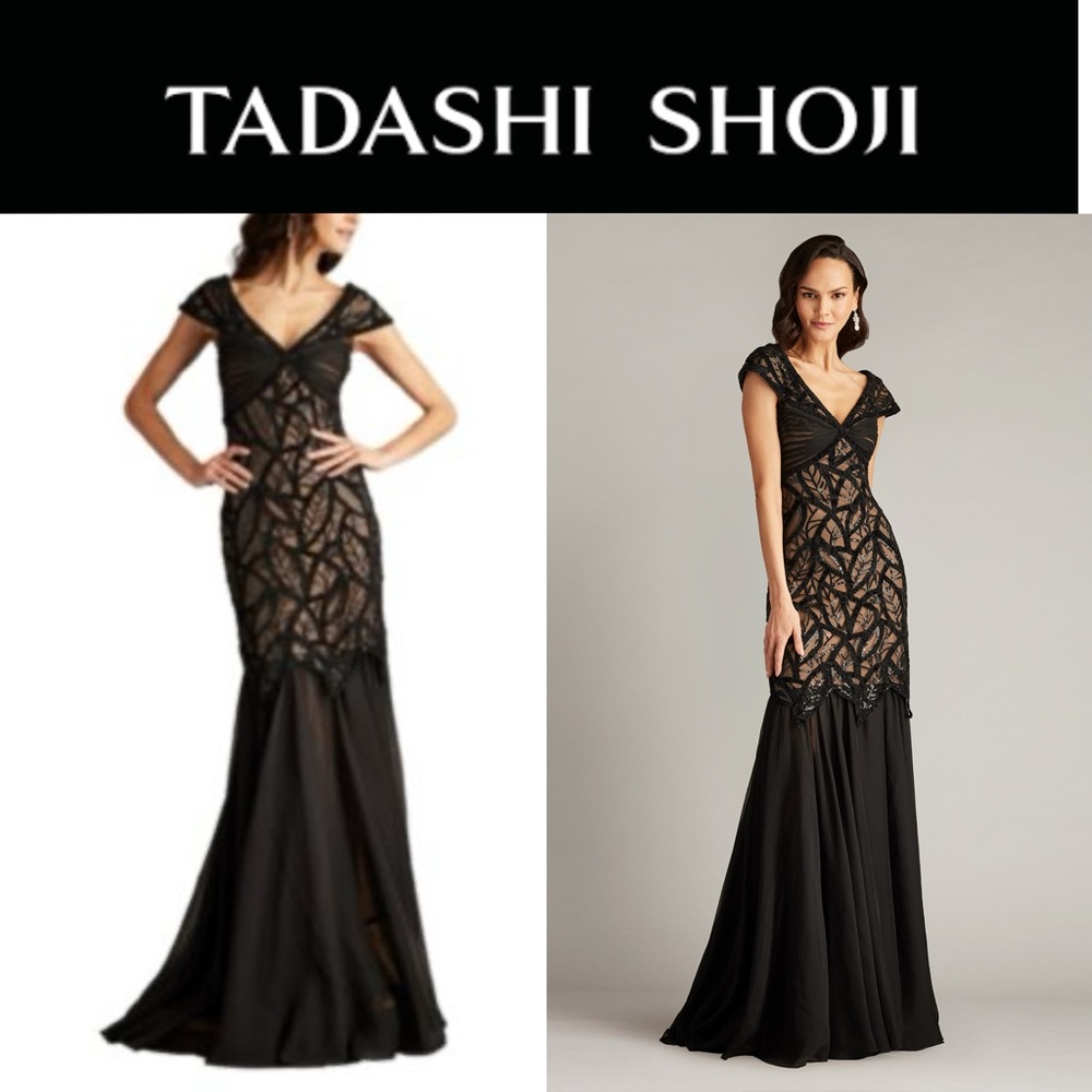 Tadashi Shoij Opalie Off Shoulder Leaf Motif Gown CGT24883L $558 NWT